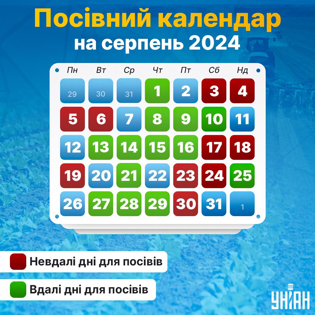 Місячний посівний календар на серпень 2024 таблиця / картинка УНІАН